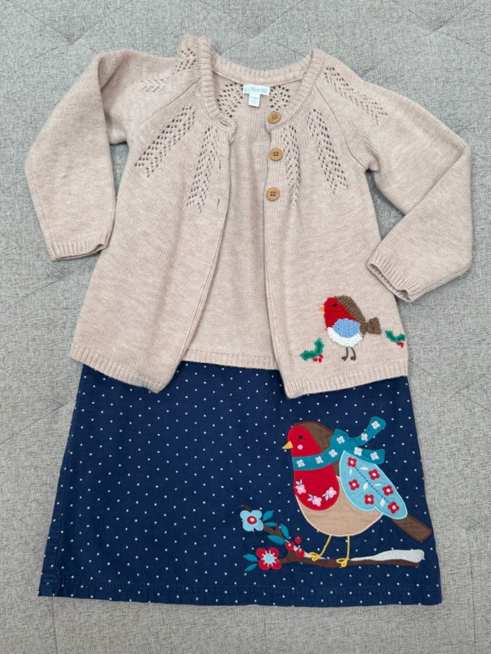 EUC JOJO MAMAN BEBE BIRD CARDIGAN AND DRESS SET CORDUROY JUMPER BLUE AND OATMEAL